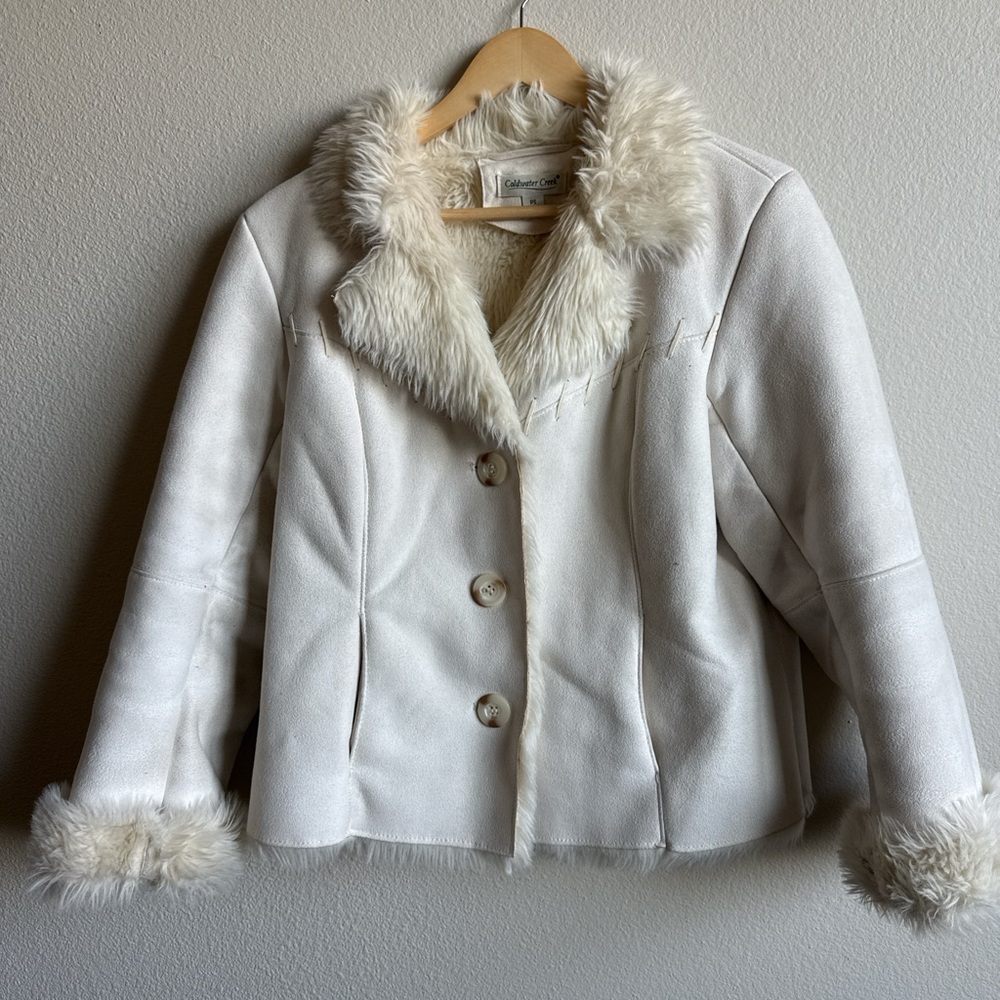 Coldwater Creek Cream Teddy Jacket with Faux Fur Trim
